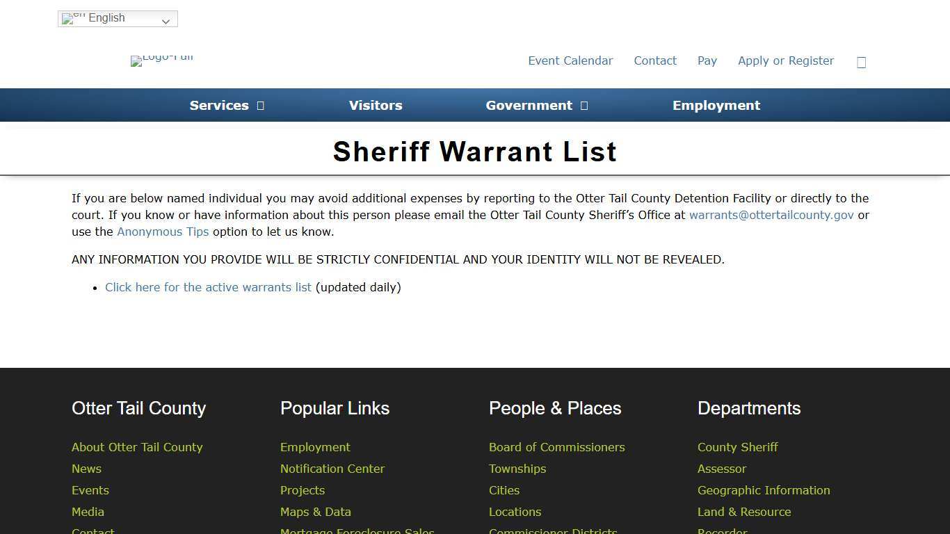 Sheriff Warrant List - Otter Tail County, MN
